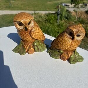 Vintage Homco Syroco Perched Owls Set of 2 Figures Bookends 1970s Molded Plastic